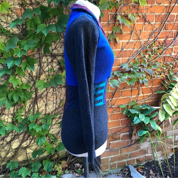 Patchwork Upcycled Sweaters Small Blue Red Gray Zip Up Sustainable Wool Acrylic - Picture 2 of 7